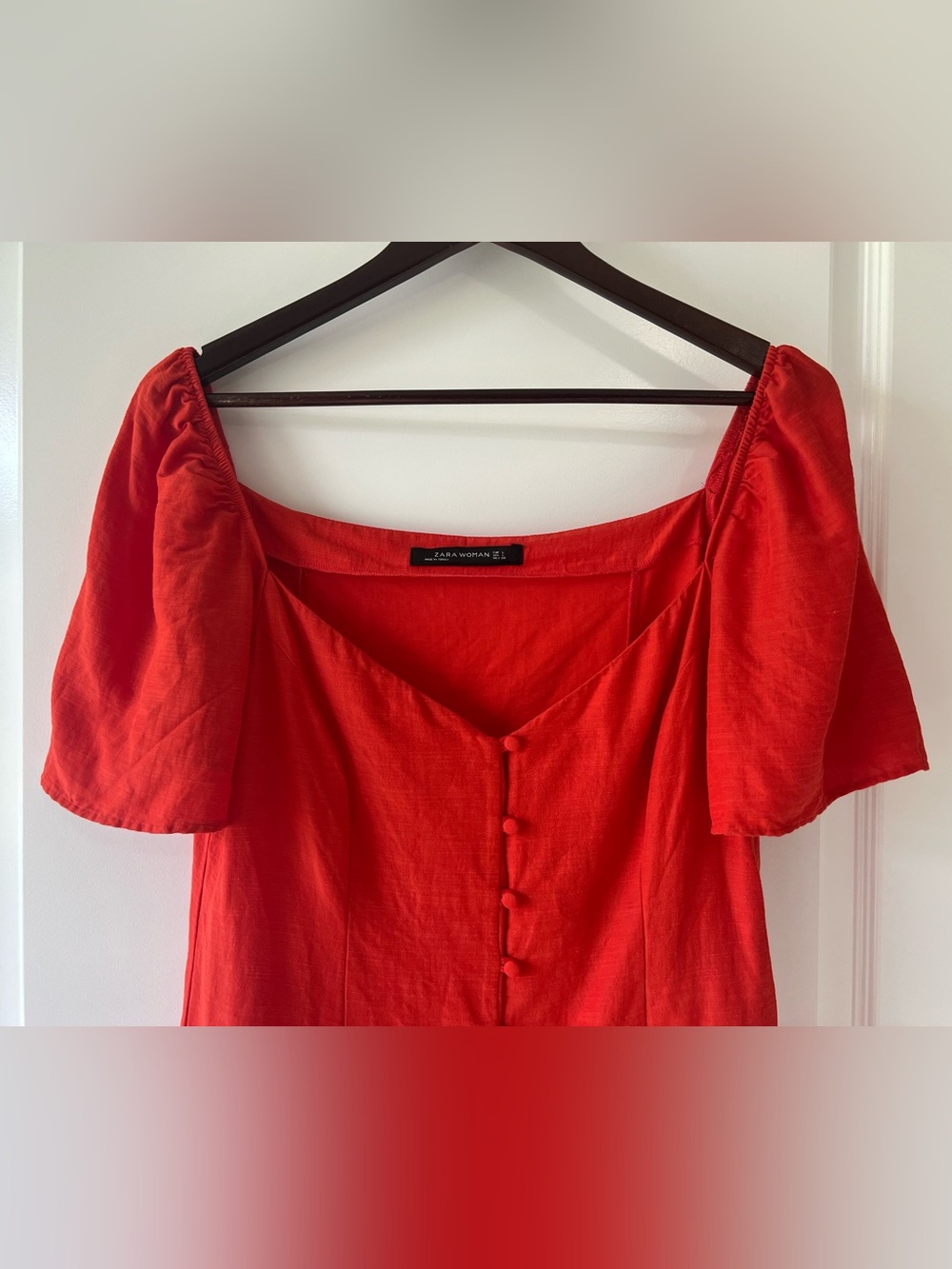 Zara Red Linen Button Mini Dress Sweetheart Neck Short Sleeve Puff Womens Large - Picture 4 of 7